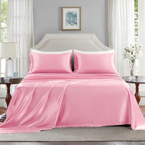 Luxury Light Pink Satin Bed Sheet Set – 4 Pieces