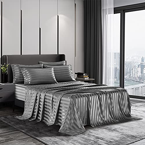 6-Piece Luxury Satin Bed Sheet Set - Grey