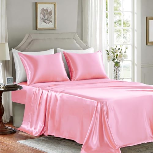 Luxury Light Pink Satin Bed Sheet Set – 4 Pieces