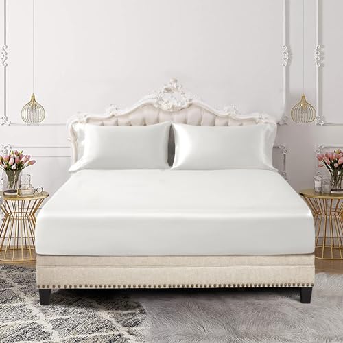 Ivory Satin Twin Fitted Sheet Set, 3-Piece