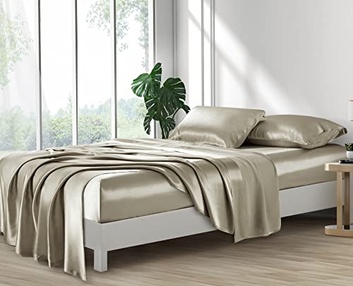 Luxurious Taupe Satin Queen Bed Sheet Set