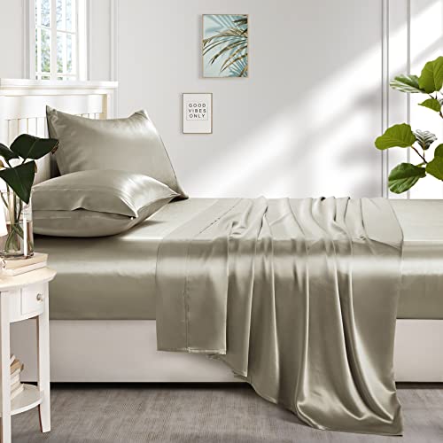 Luxurious Taupe Satin Queen Bed Sheet Set