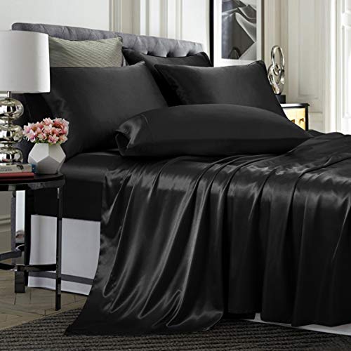 TREELY 6-Piece Black Satin Sheet Set, Full Size