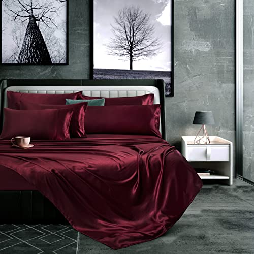 Luxurious 7-Piece Maroon Satin King Bed Set