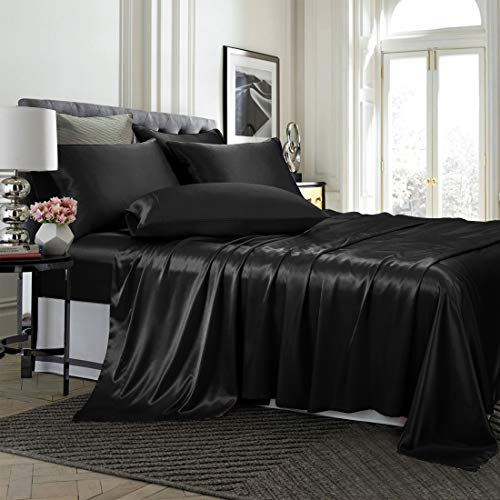 TREELY 6-Piece Black Satin Sheet Set, Full Size