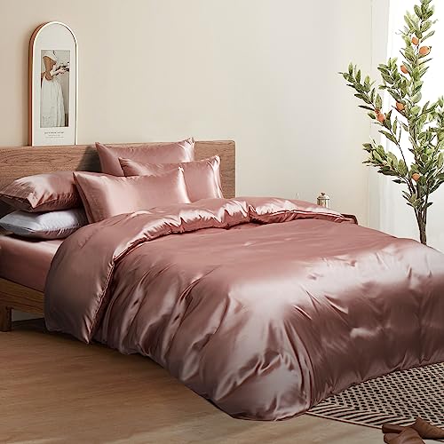 Rose Gold Satin Duvet Cover Set, Queen Size