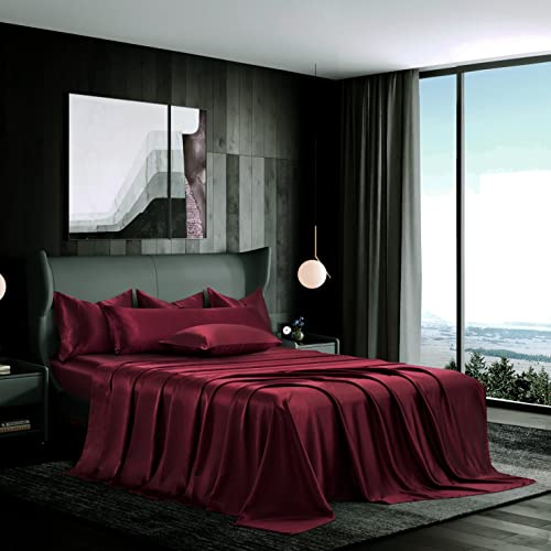 Luxurious 7-Piece Maroon Satin King Bed Set