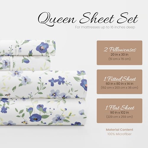 Light Blue Floral Queen Sheet Set - 4 Pieces