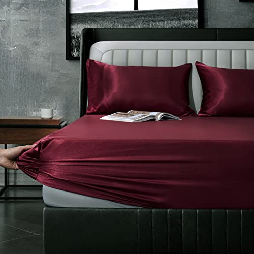 Luxurious 7-Piece Maroon Satin King Bed Set