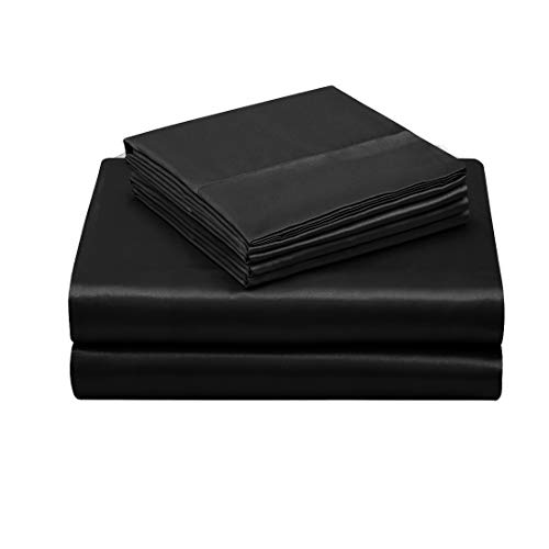 TREELY 6-Piece Black Satin Sheet Set, Full Size