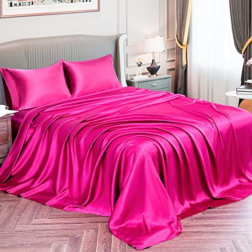 Hot Pink Satin Twin XL Bed Set - 4 Pieces