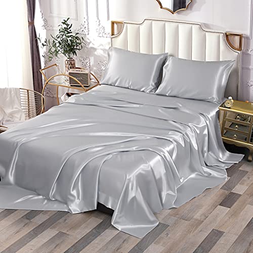 Silver Satin Queen Bed Sheet Set - 4 Pieces