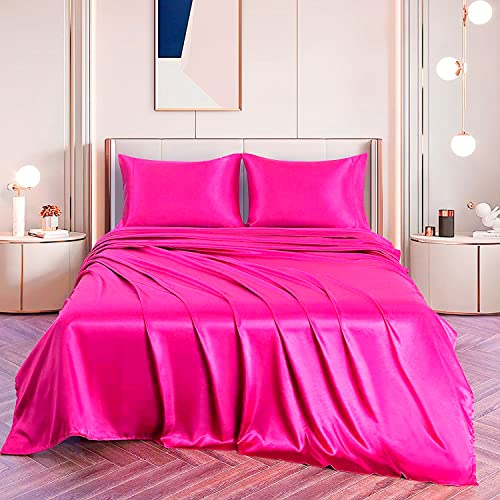 Hot Pink Satin Twin XL Bed Set - 4 Pieces