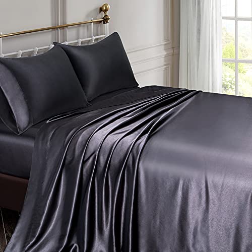 Vonty Silky Black Satin Queen Bed Sheet Set