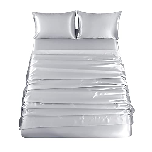 Silver Satin Queen Bed Sheet Set - 4 Pieces