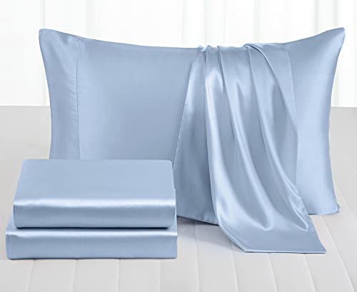 Baby Blue Satin Twin Bed Sheet Set