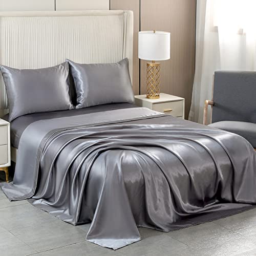 Silky Soft Grey Satin Queen Bed Set