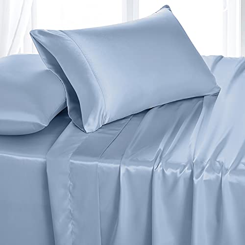 Baby Blue Satin Twin Bed Sheet Set