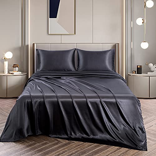 Vonty Silky Black Satin Queen Bed Sheet Set