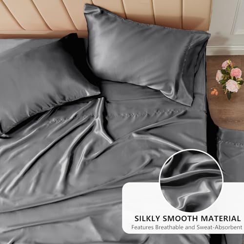 CozyLux 4-Piece Dark Grey Satin Queen Sheet Set