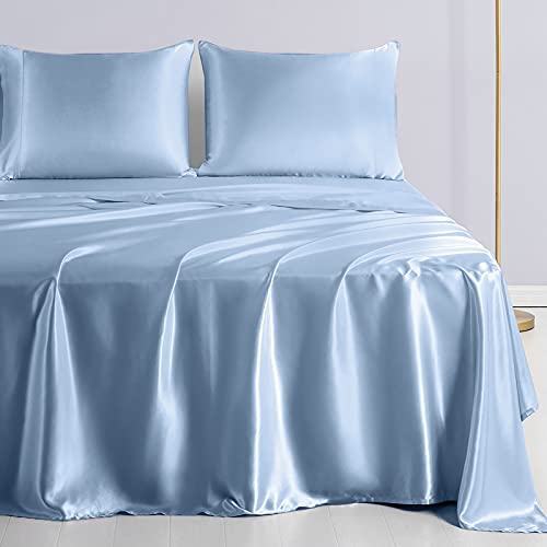 Baby Blue Satin Twin Bed Sheet Set