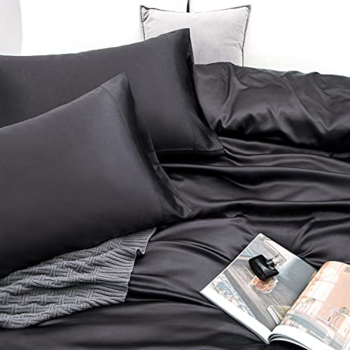 Vonty Silky Black Satin Queen Bed Sheet Set