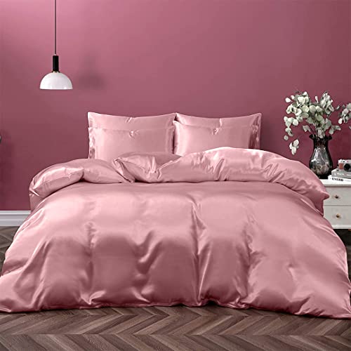 Rose Pink Silk Satin Queen Bed Set, 4pcs