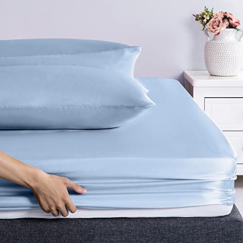 Baby Blue Satin Twin Bed Sheet Set