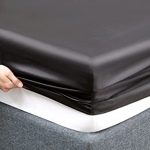 Vonty Silky Black Satin Queen Bed Sheet Set