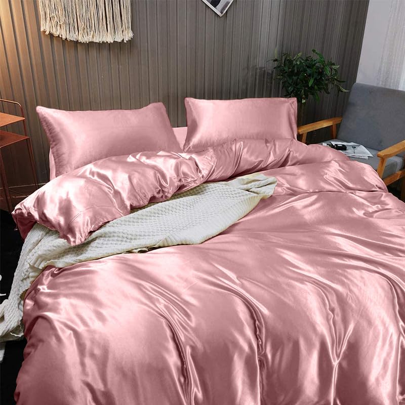 Rose Pink Silk Satin Queen Bed Set, 4pcs