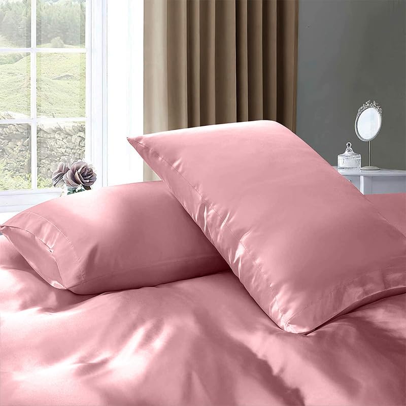 Rose Pink Silk Satin Queen Bed Set, 4pcs