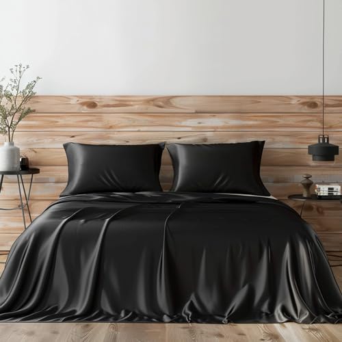 Luxury Satin Queen Bed Set - 4 Pieces, Black