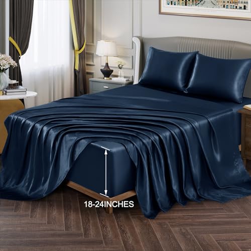 Navy Blue Satin King Bed Sheet Set