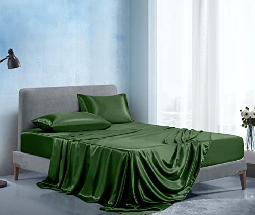 Emerald Green Satin Queen Bed Linen Set