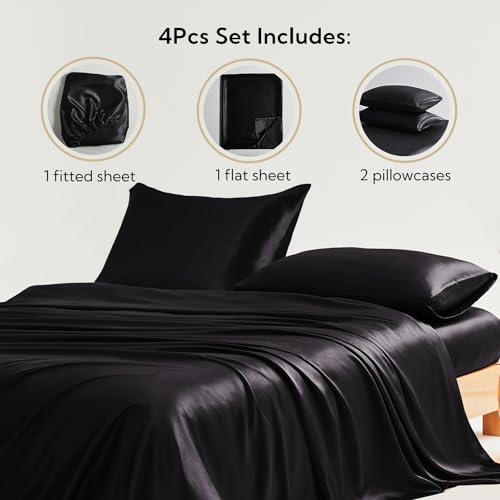 Luxury Satin Queen Bed Set - 4 Pieces, Black