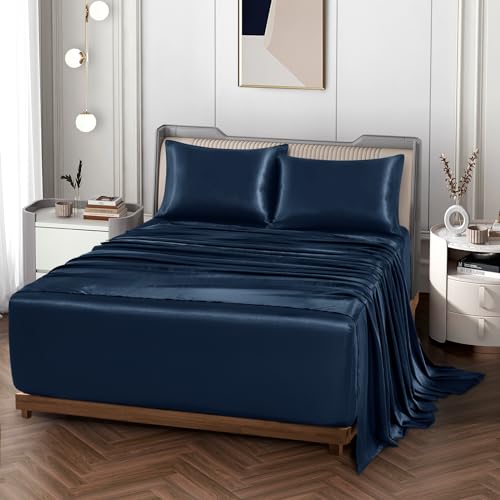 Navy Blue Satin King Bed Sheet Set