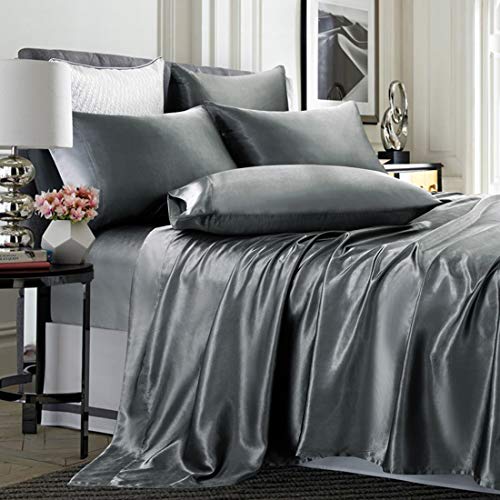 TREELY 6-Piece Silky Grey Satin Queen Bed Set