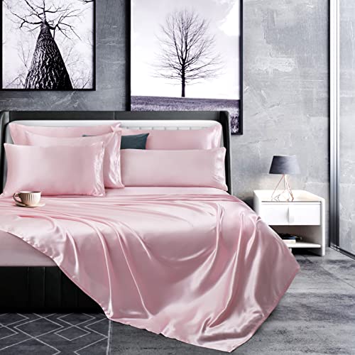 Luxurious 7-Piece Light Pink Satin Queen Bed Set