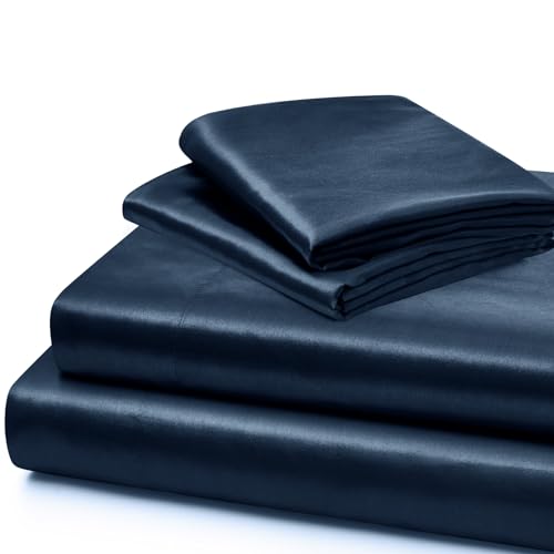Navy Blue Satin King Bed Sheet Set