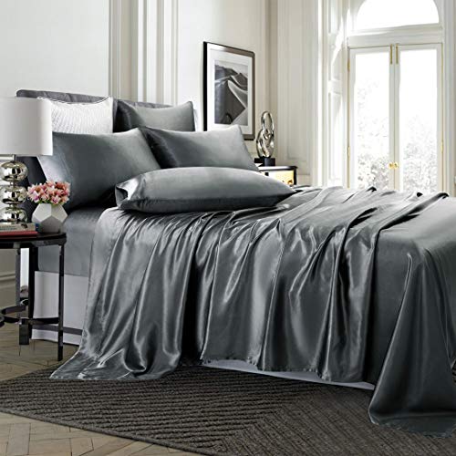 TREELY 6-Piece Silky Grey Satin Queen Bed Set