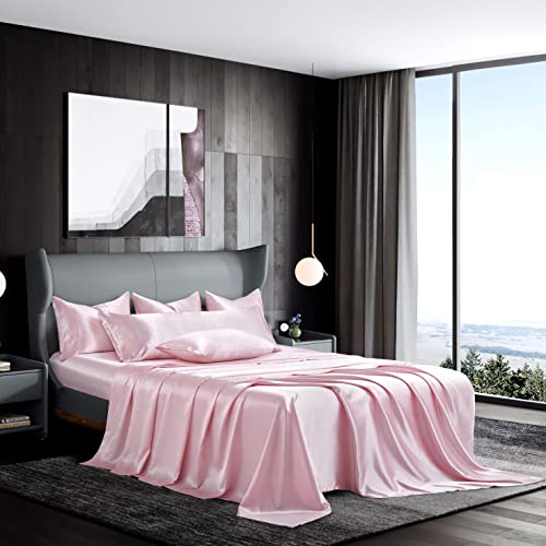 Luxurious 7-Piece Light Pink Satin Queen Bed Set