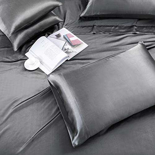 TREELY 6-Piece Silky Grey Satin Queen Bed Set