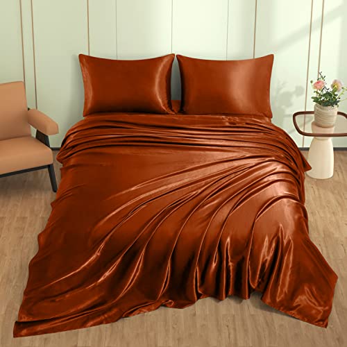 Rust Orange Satin Queen Bed Set - 4 Pieces