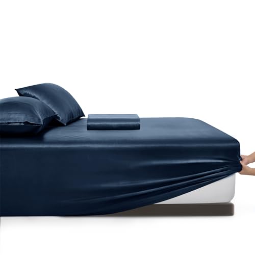 Navy Blue Satin King Bed Sheet Set