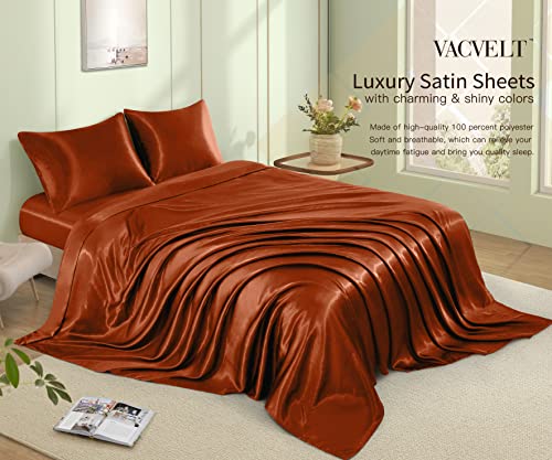 Rust Orange Satin Queen Bed Set - 4 Pieces