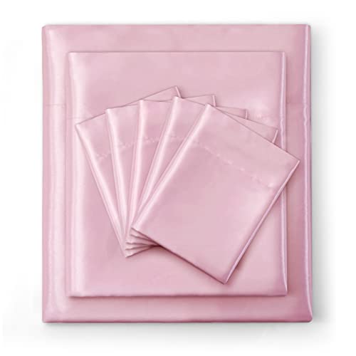 Luxurious 7-Piece Light Pink Satin Queen Bed Set