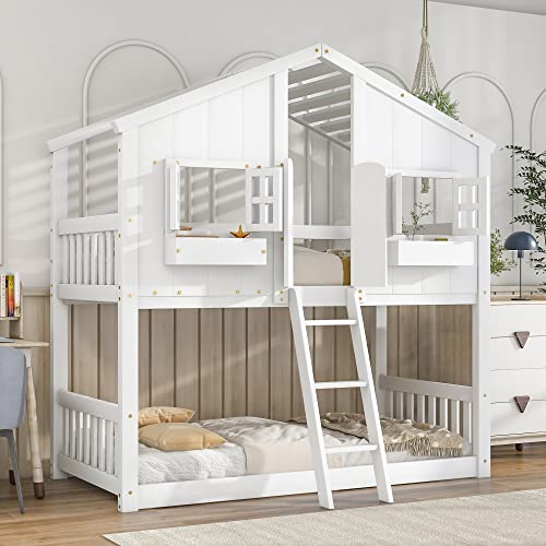 BOVZA Twin House Bunk Bed with Roof - White