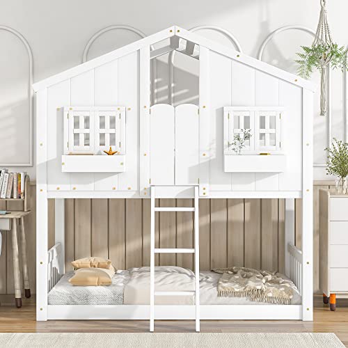 BOVZA Twin House Bunk Bed with Roof - White