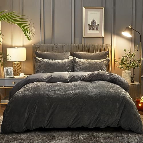 Luxury Velvet King Duvet Cover Set - Dark Grey