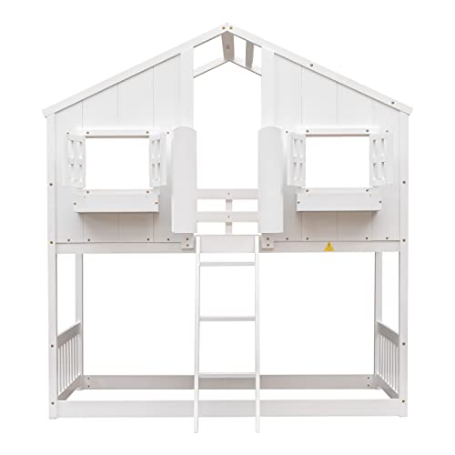 BOVZA Twin House Bunk Bed with Roof - White